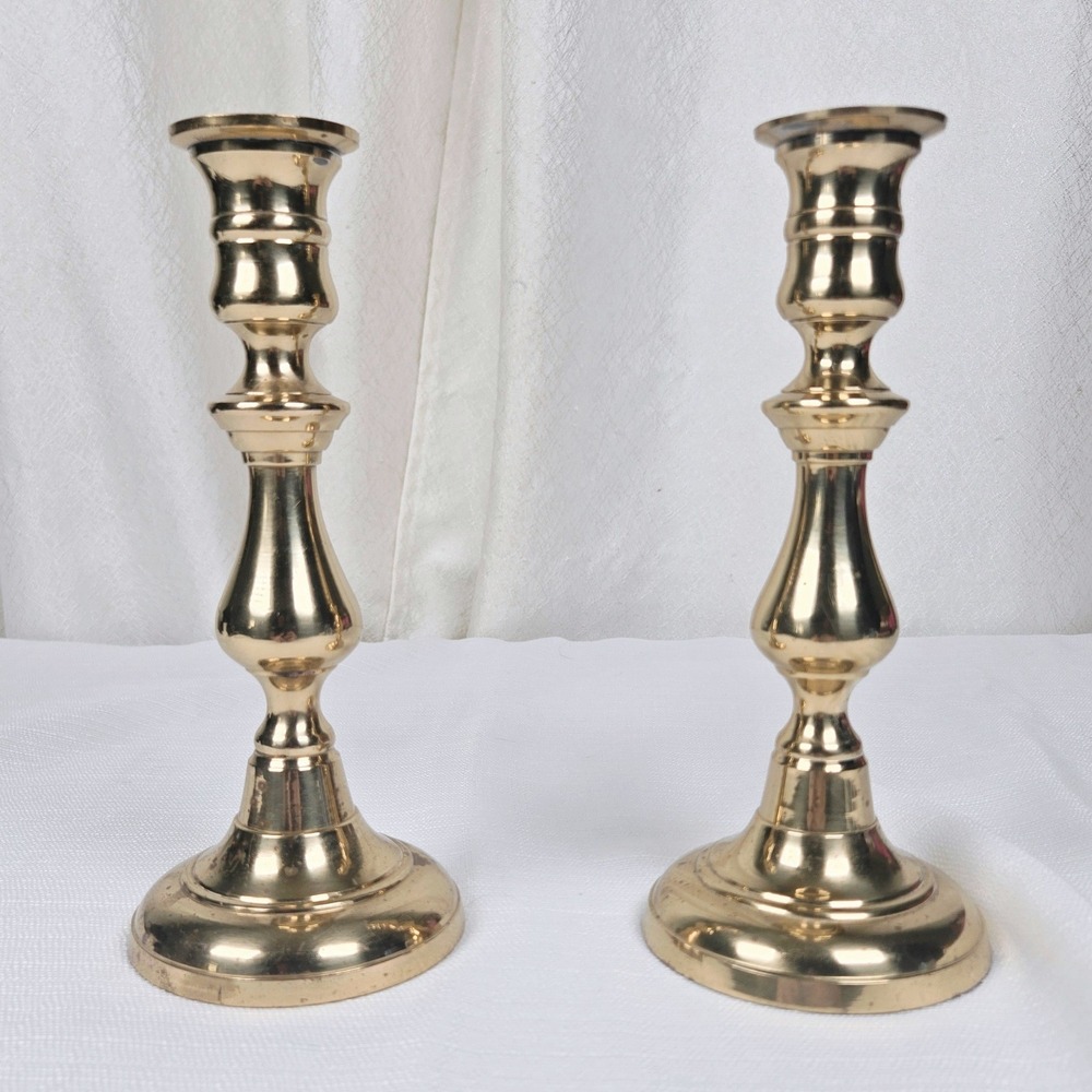 Vintage Solid Brass Candlestick Holders Set of 2 Polished Gold Taper 8.5 Inch